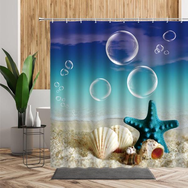 

summer day vacation sandy beach shower curtain starfish conch background bathroom decoration waterproof bath curtains with hooks