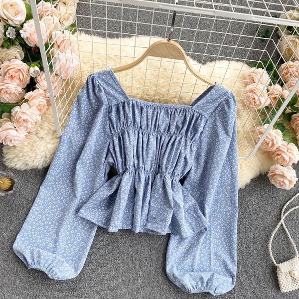 

women's blouses & shirts lady fashion korean sweet floral print long sleeve short spring square collar chiffon shirt blouse q, White