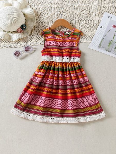 

toddler girls geo print a-line dress she, Red;yellow