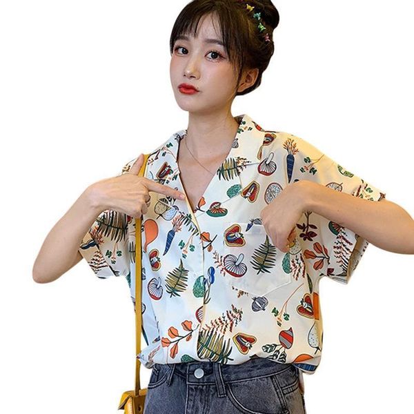 

womens shirt fashion turn down collar blouse women print casual ladies short sleeve beach, White