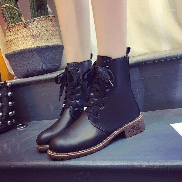 

boots 2021 ankle for women leather winter female shoes lace up flat botines mujer ladies dfv891, Black