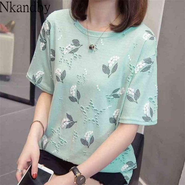 

plus size cotton tees summer women casual loose hole print short sleeve t-shirt oversize street style basic tshirt 210708, White