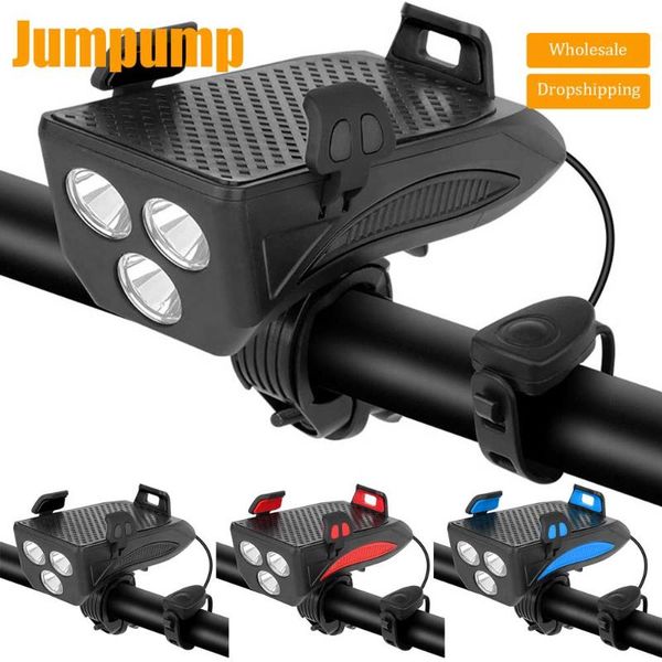 

in 1 led bicycle light rainproof usb rechargeable mtb horn alarm bell phone holder power bank bike accessories lights
