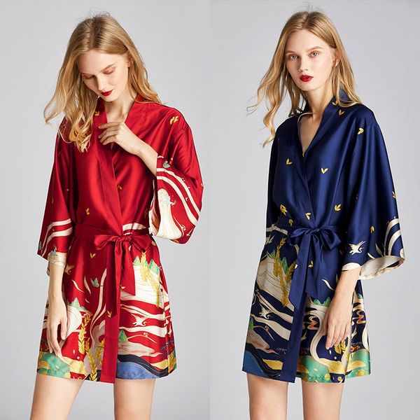 

women's sleepwear silk kimono robe bathrobe women bridesmaid robes print short satin ladies dressing gowns, Black;red