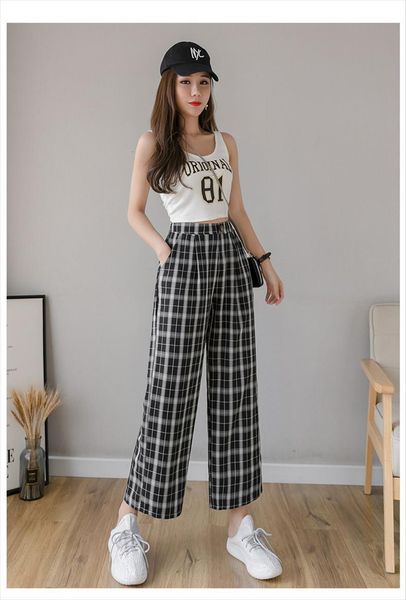 

i vintage plaid elastic waist womens capris high plus size wide leg casual female korean trousers, Black;white