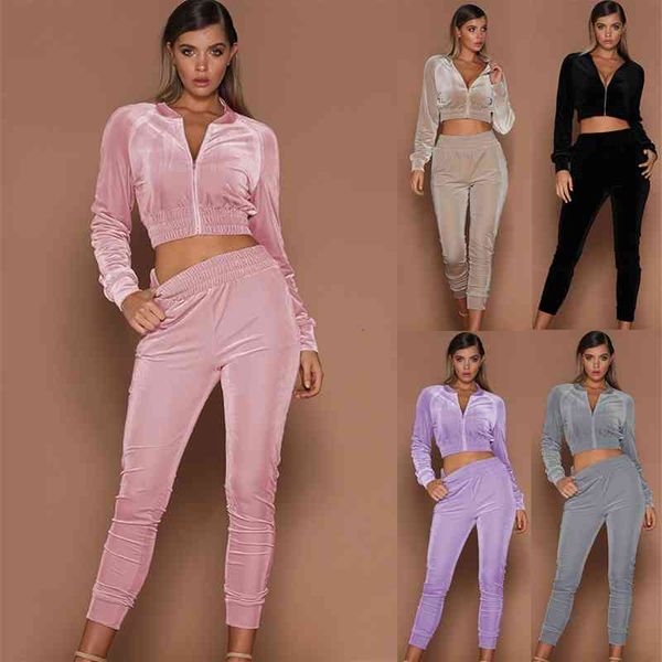 

2021 swan suede women's autumn and winter solid color zipper sweater legged sports pants two piece suit, Gray