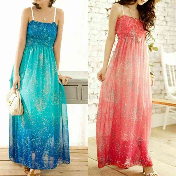 Mulheres Dress Boho Chiffon Verão Sem Mangas Moda Elegante Lantejoulas Gradient Cor Imprimir Maxi Long Sundress Party Beachdress 210522