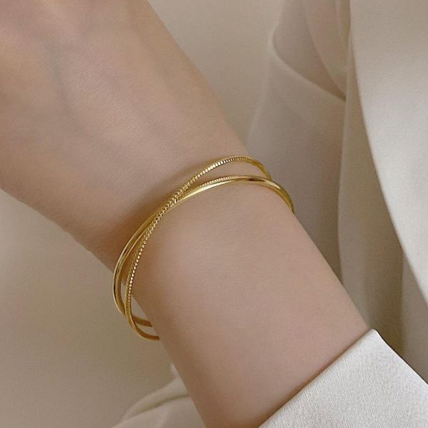 Bangle 14K позолоченные личности простой кросс открытый браслет ниша дизайн геометрические двойные браслеты для женских ювелирных изделий