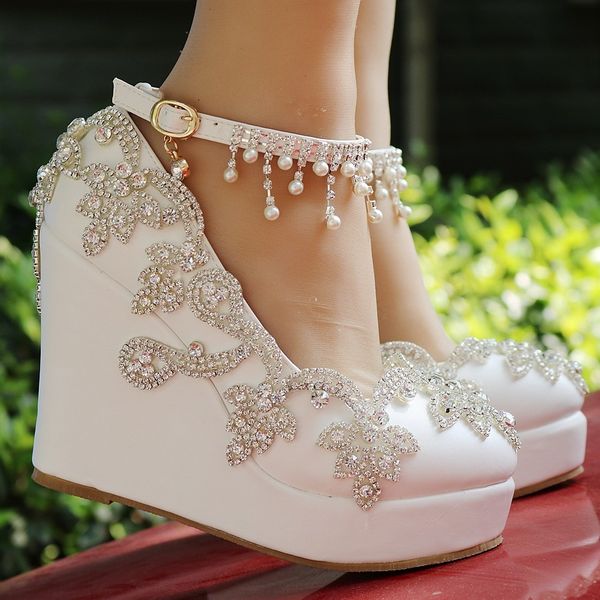 

sandals 2021 spring wedge high heel wedding shoes round toe heels banquet dress large size bridal women daxn, Black