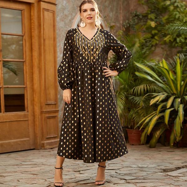 

arabian lady's clothing middle east women's v-neck long sleeve fashion bronzing dots printing stitching embroidered abaya dress et, Red