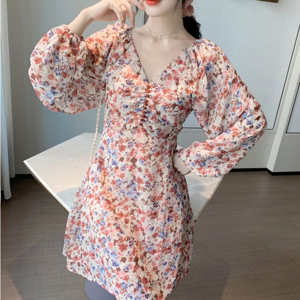 

dress spring women boho mini long sleeve floral print v-neck chiffon beach sundress party dresses ladies vestido 50f3, Black;gray