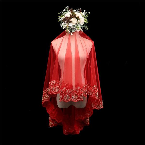 

bridal veils gorgeous red wedding veil soft tulle with gold applique long width is all 1.5m, different size of length, Black