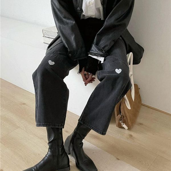 

hzirip thicken high waist denim pants loose streetwear 2021 korea fashion autumn wild woman casual straight trousers women's jeans, Blue