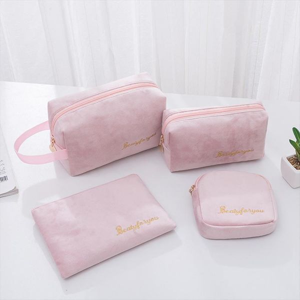 

women cosmetic toiletries tool bag travel organizer solid color storage easy carry case flannel zipper ladies makeup