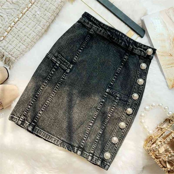 

high street stylish designer skirt women's buttons embellished denim 210521, Black