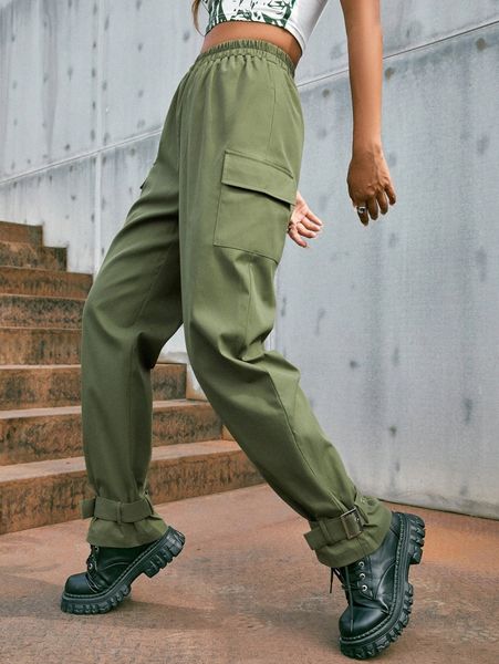 

flap pocket side buckled hem cargo pants e3ew#, Black;white