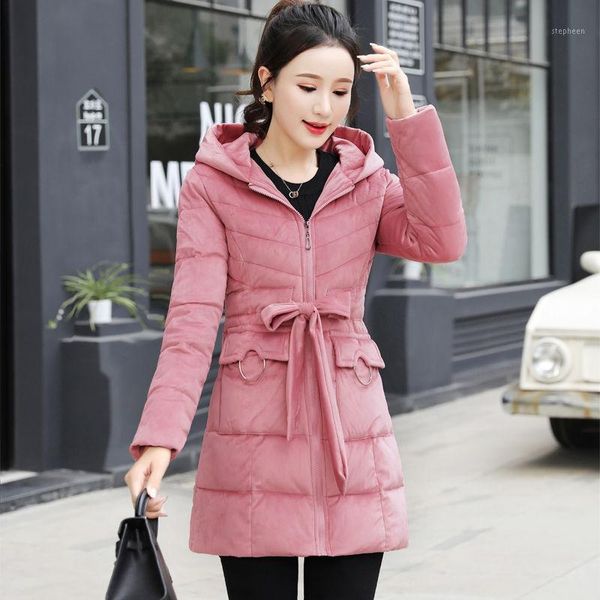 

women's down & parkas the gold velvet cotton-padded jacket mid-length lace-up waist is thinner, cotton jacket, winter warm fashion ja, Black