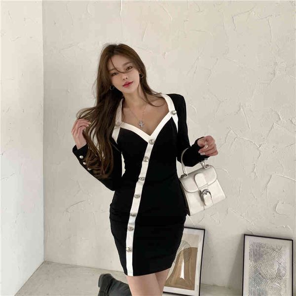 

casual dresses autumn winter new women elegant v neck long sleeve splicing colour knitted wrap hip slim m4b7, Black;gray