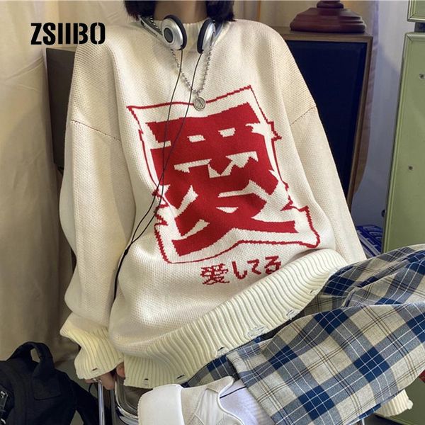 

knitted women's sweater loose korea ulzzang vintage harajuku hip-hop ins long-sleeved punk streetwear size big sweaters, White;black
