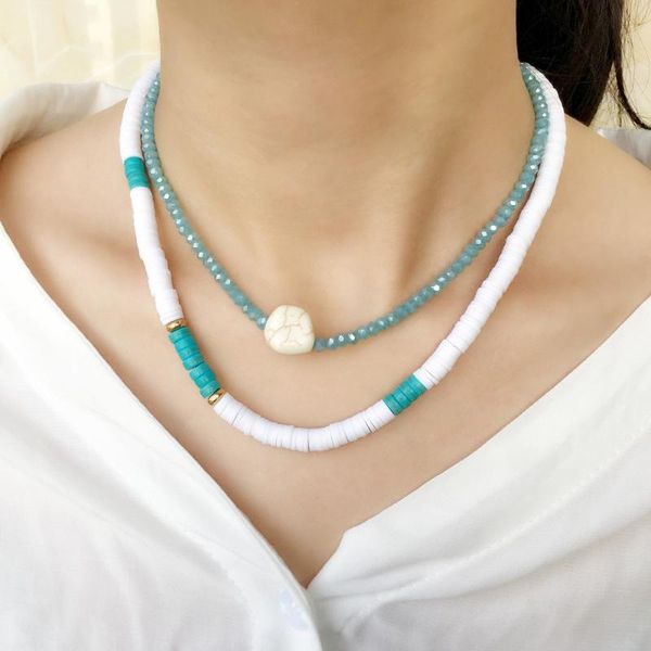 

pendant necklaces multilayer bohemian handmade beaded necklace for women boho gold color metal chain soft ceramic crystal long jewelry, Silver