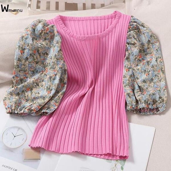

women vintage short sleeve knitwear t-shirt korean style summer  pullover print puff knit slim knitted women's, White