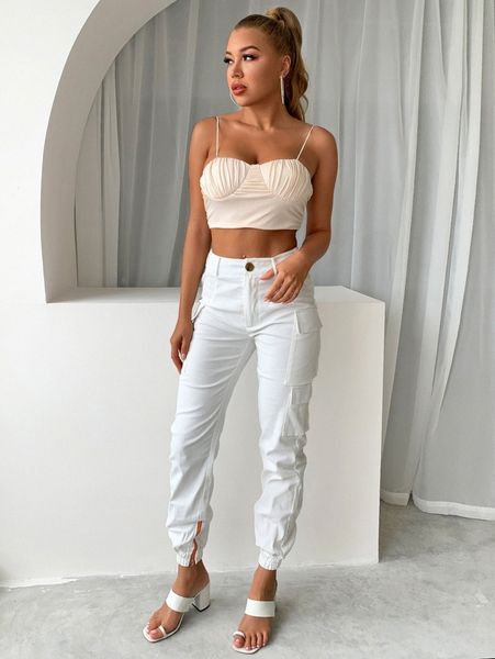 

joyfunear solid flap pocket cargo pants l9oj#, Black;white