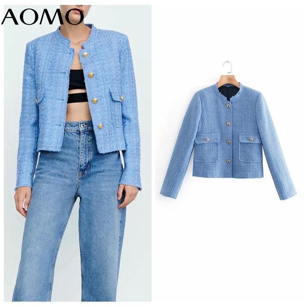 

women's suits & blazers aomo women blue tweed crop blazer coat vintage pocket 2021 fashion female casual chic xn73a, White;black