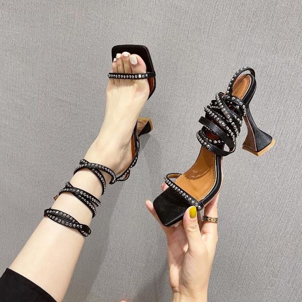 

sandals 2021 luxury summer women bling crystal cross-tie high heels lace up gladiator square toe cup heeled party pumps, Black
