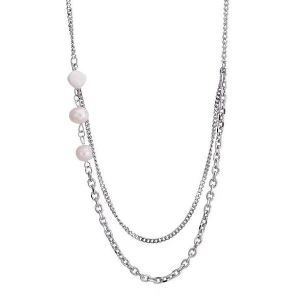 

pendant necklaces potcet women's stainless steel double layer pearl titanium necklace geometric fashion hip hop party jewelry, Silver