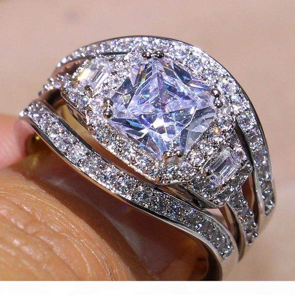

size 5-11 jewelry pave setting princess cut 14kt white gold filled gf simulated diamond z 3 in 1 women wedding engagement ring set gift, Slivery;golden