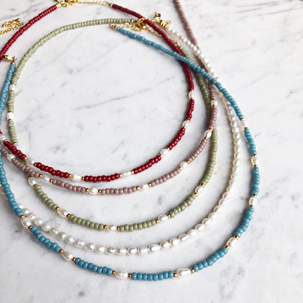 

bohemian style colorful rice beads natural pearls exquisite ladies neck charm necklace fashion accessories handmade jewelry chokers, Golden;silver