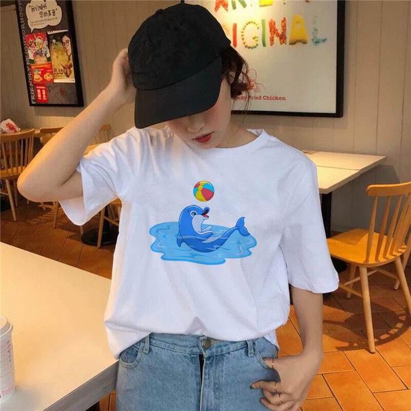 

women's t-shirt cute cartoon whales print ladies summer short-sleeved harajuku graphic round neck t-shirts clothes, White