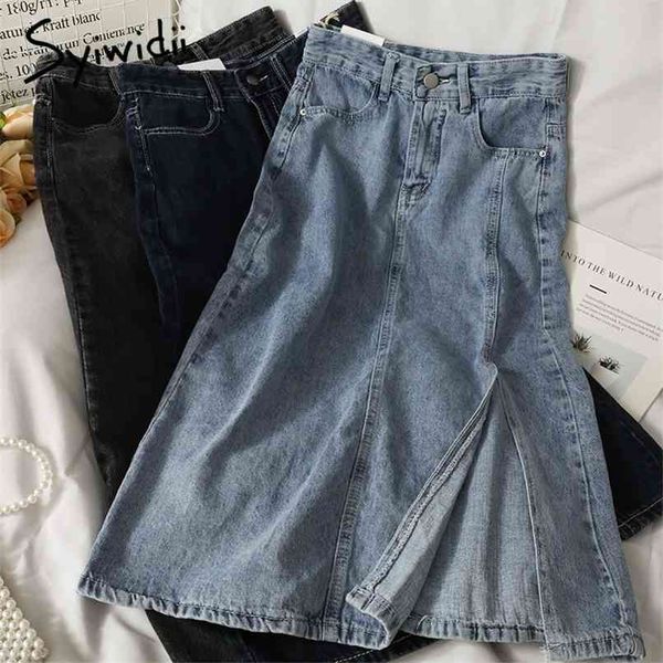 

denim skirts for women casual butup a-line summer fall side split black midi skirt bright line decoration 210607