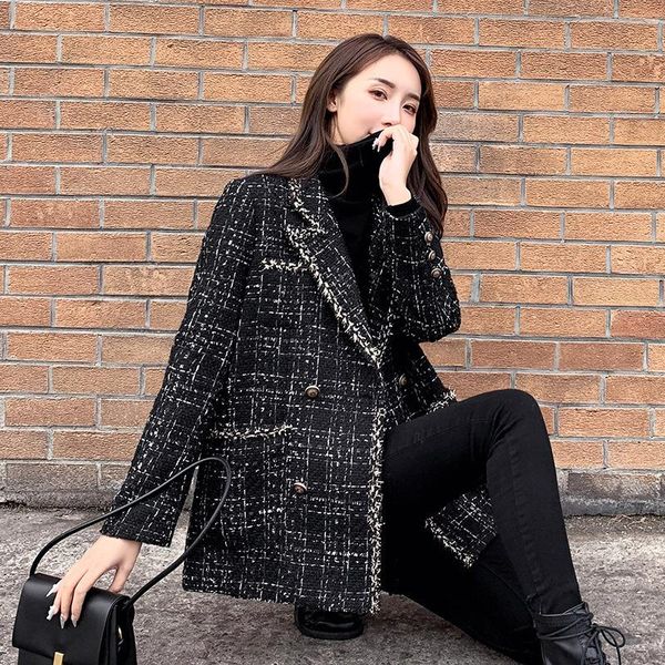 

women's suits & blazers [ewq] 2021 autumn winter loose plaid coat coarse tweed splicing black small blazer jacket women female tide 16e, White;black