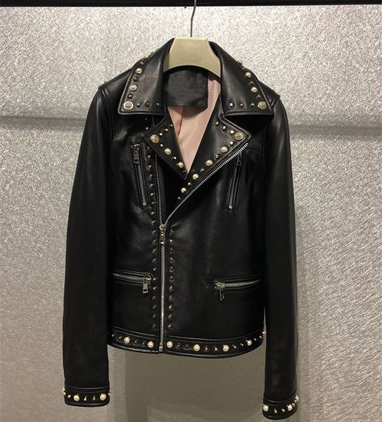 

women's jackets genuine leather rivets motorcycle biker spring autumn short jacket d946, Black;brown
