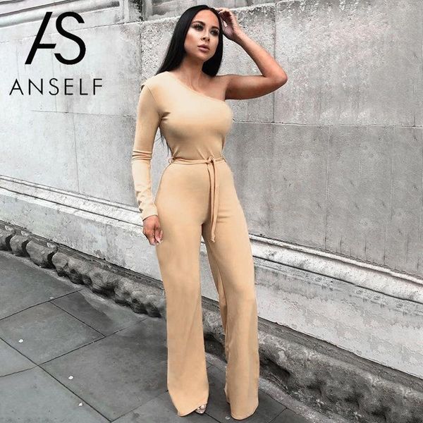 

women's jumpsuits & rompers women jumpsuit solid color one shoulder high waist tied bandage wide legs pants street wear long, Black;white
