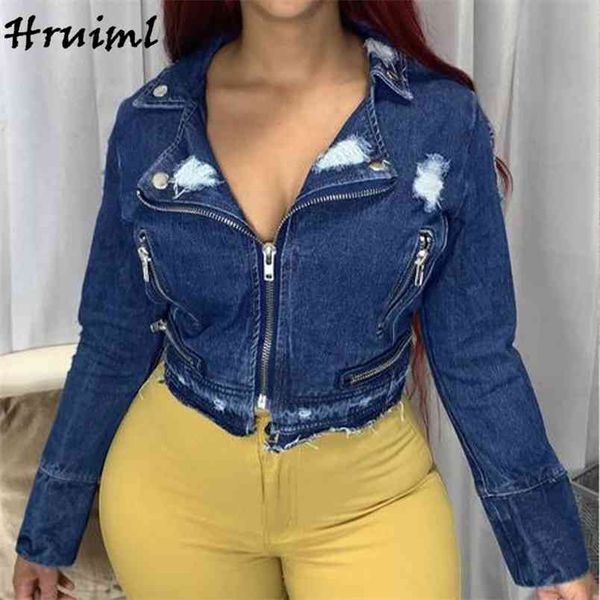 Frauen Denim Jacke Mode Gestellte Plus Größe Herbst Zipper Langarm Mantel Sexy Dünne Kurze 210513