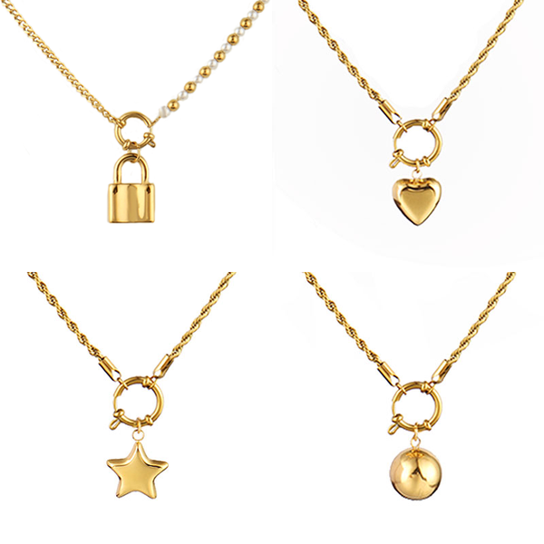 

chains stainless steel necklace long chain for women twist hollow star heart charms pendant pearl jewelry, Silver