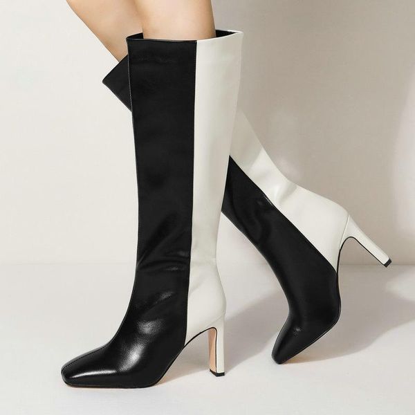 

boots band designer faux leather women knee high square toe long thin block heel black red brown