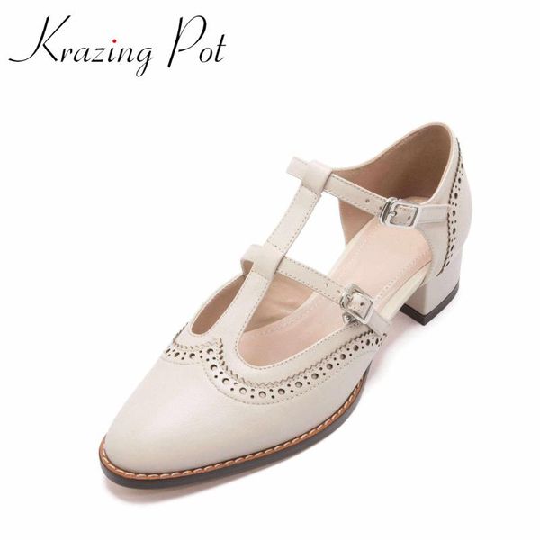 

dress shoes krazing pot 2021 solid genuine leather mary janes round toe med heels simple wild buckle straps spring women basic pumps l31, Black