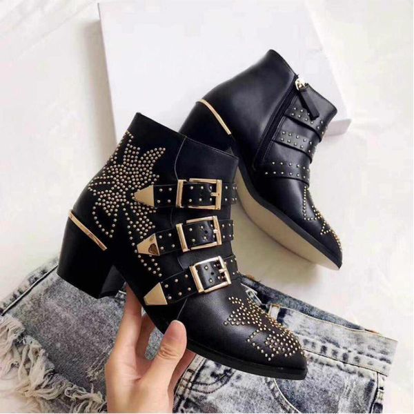 

boots susanna real leather ankle round toe shoes women studded rivet luxury velvet buckle short, Black