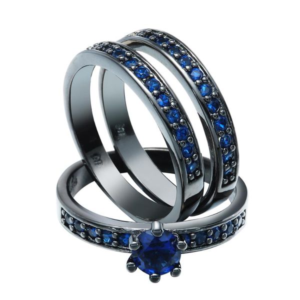 

wedding rings black sets for women 3pcs fashion jewelry gift elegant princess paved royal blue czech zircon engagement ring, Slivery;golden