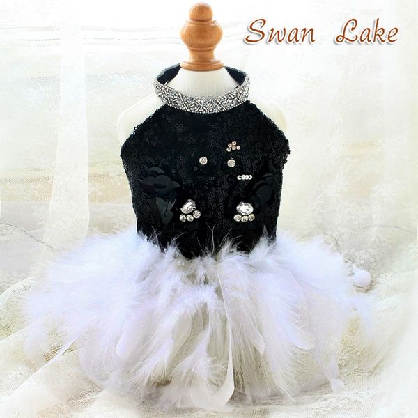 

handmade dog apparel dress pet clothes classic fairy tale luxury sequins couple black swan feather skirt princess style party holiday happy
