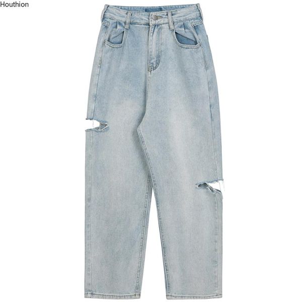 

women's jeans buttons pocket harem pants spring/autumn high waist hole long fashion casual, Blue