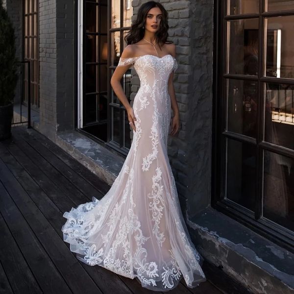

new style sweetheart mermaid wedding dresses 2021 off the shoulder lace bridal gown open back long sweep train satin and tulle, White
