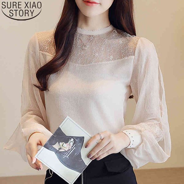 

autumn lace chiffon shirts women fashion stand collar long sleeve blouse casual loose ladies apricot blusas 10701 210417, White
