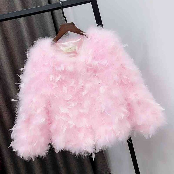 

leather customized autumn winter women fashion ostrich feather jackets o-neck short real fur coats plus size 5xl 6xl a170, Black