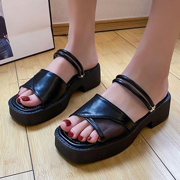 

slippers summer casual chunky platform women 2021 mesh patchwork square heels sandals woman outdoor non slip slides mujer, Black