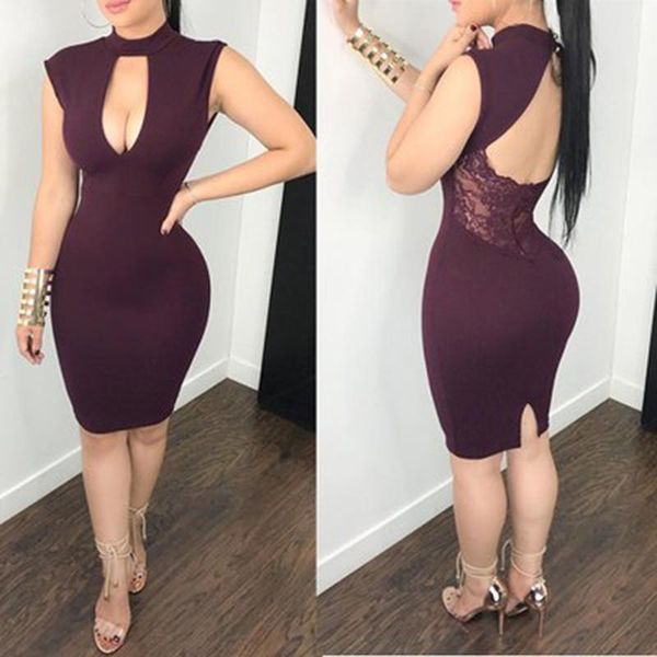 

casual dresses summer women female bodycon dress low-cut hollow backless slim lace stitching mini back split, Black;gray