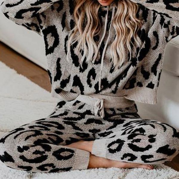 

women's pants & capris fall leopard hooded 2 piece set full sleeve long drawstring home sets female casual ladies tracksuit 8zig, Black;white